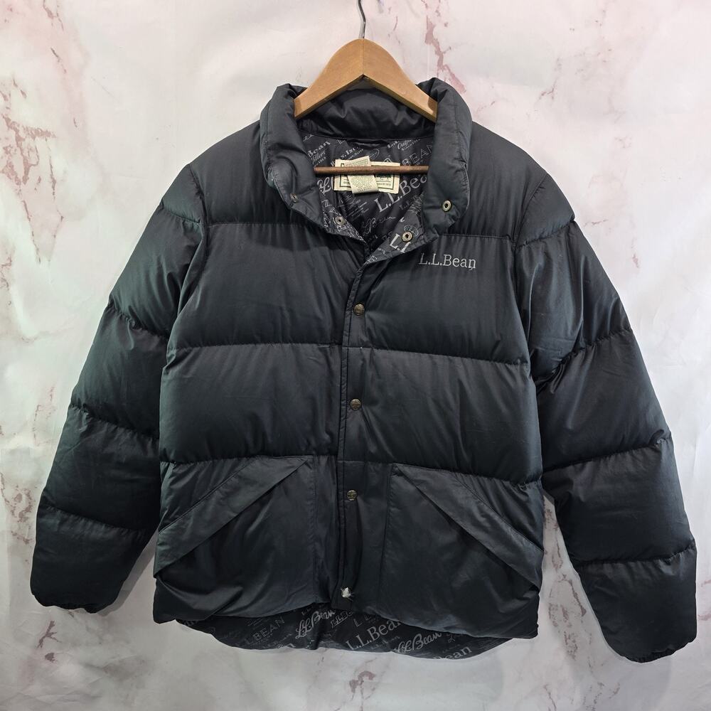 LL Bean Down Jacket Womens Medium Black Puffer Coat Water Repellent Thick Goose